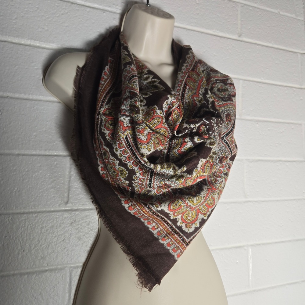 Vtg Liz Sinclair Womens Scarf Paisley Acrylic Fringed Square Brown Rust OS